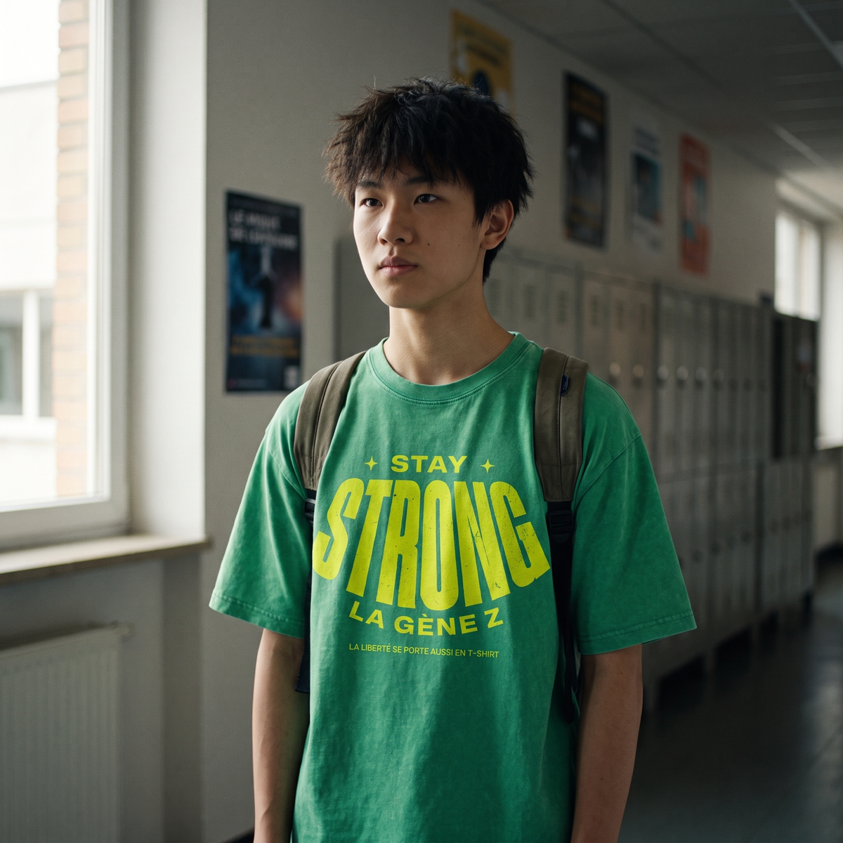Lycéen portant le t-shirt oversized délavé Gen Z vert prairie « Stay Strong la Gène Z » dans un couloir de lycée – t-shirt manif pas cher CHT'M