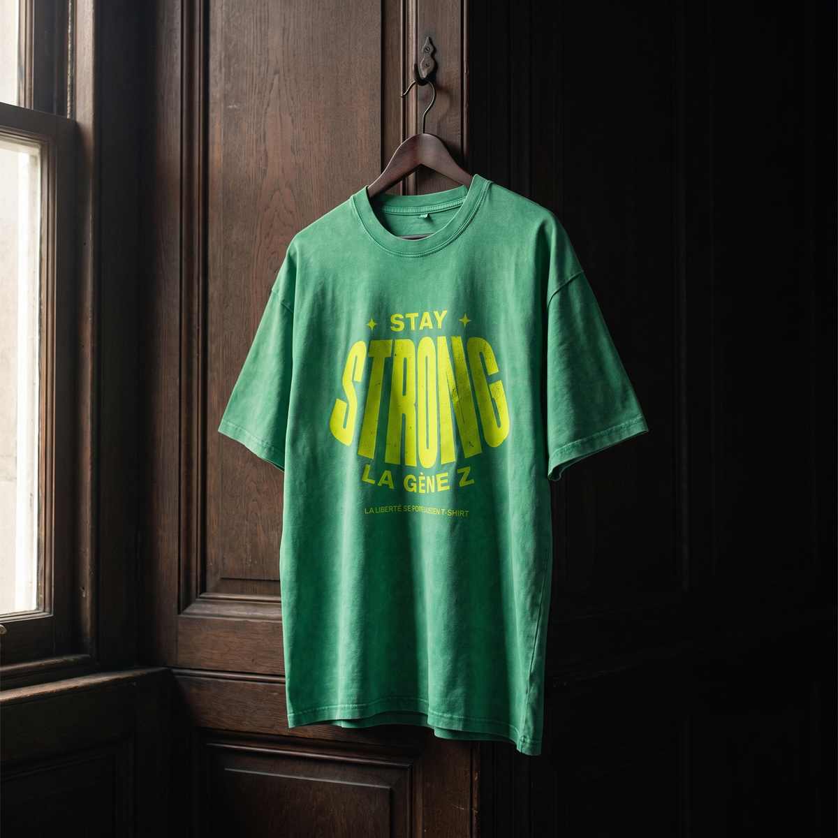 T-shirt oversized délavé Gen Z vert prairie « Stay Strong la Gène Z » jaune fluo sur cintre en bois – t-shirt manif original CHT'M