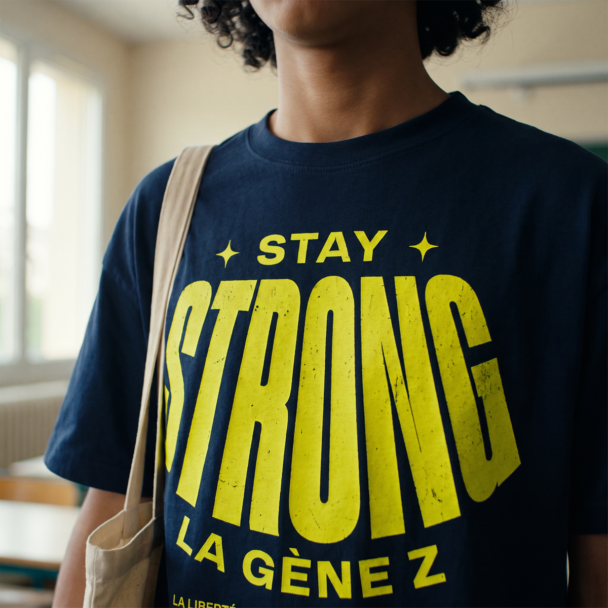 Gros plan du print jaune fluo « Stay Strong la Gène Z » sur le t-shirt oversized bleu marine porté – CHT'M Boutique