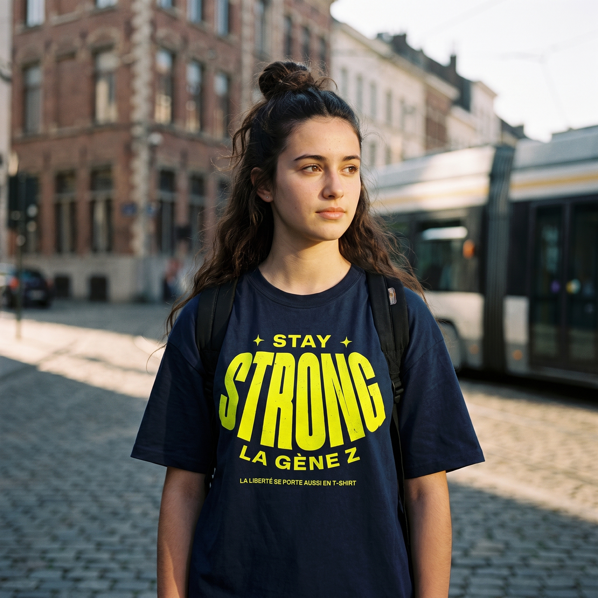 Lycéenne en t-shirt oversized Gen Z bleu marine « Stay Strong la Gène Z » dans une rue de Bruxelles – tshirt genz pas cher CHT'M