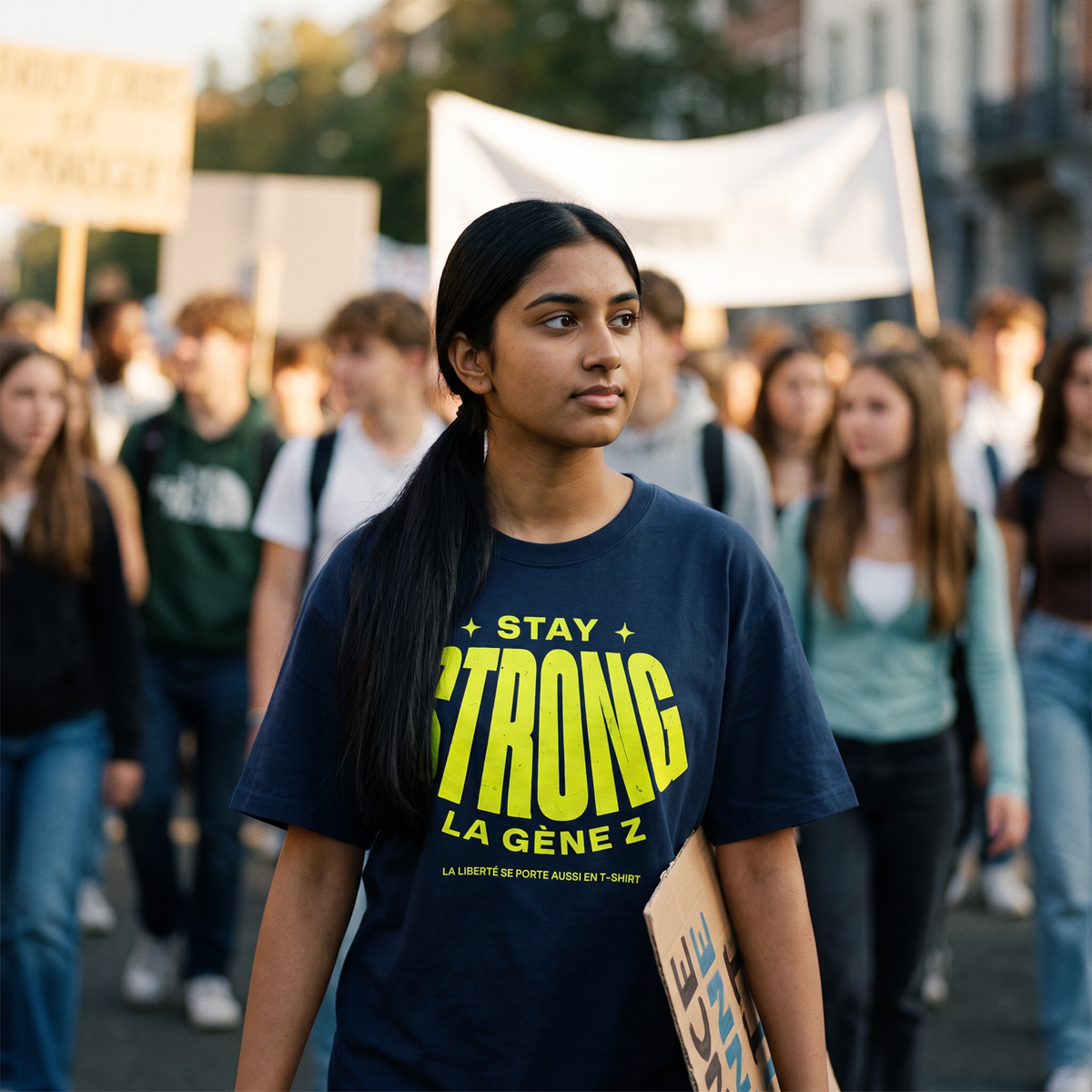 Lycéenne en t-shirt oversized Gen Z bleu marine « Stay Strong la Gène Z » dans une marche pacifique de lycéens – t-shirt manif pas cher CHT'M