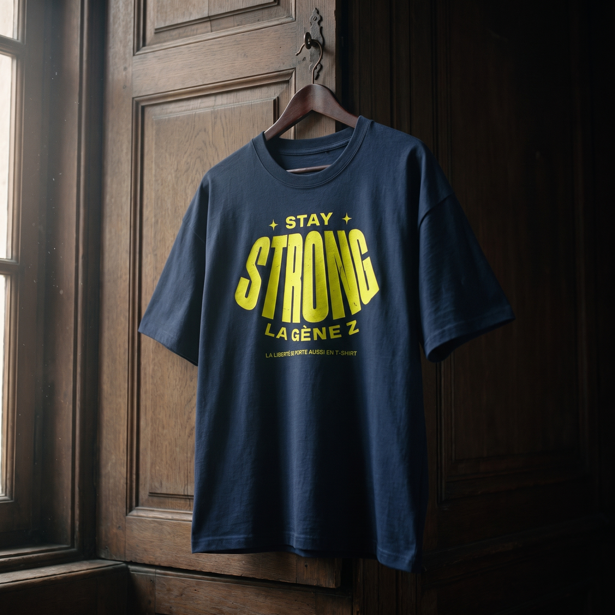 T-shirt oversized Gen Z bleu marine « Stay Strong la Gène Z » jaune fluo sur cintre en bois – t-shirt manif original CHT'M