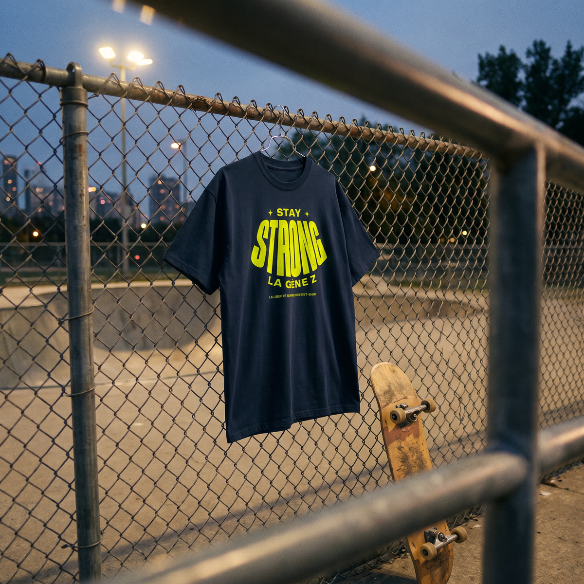 T-shirt oversized Gen Z bleu marine « Stay Strong la Gène Z » accroché au grillage d'un skatepark au crépuscule – tshirt genz pas cher CHT'M