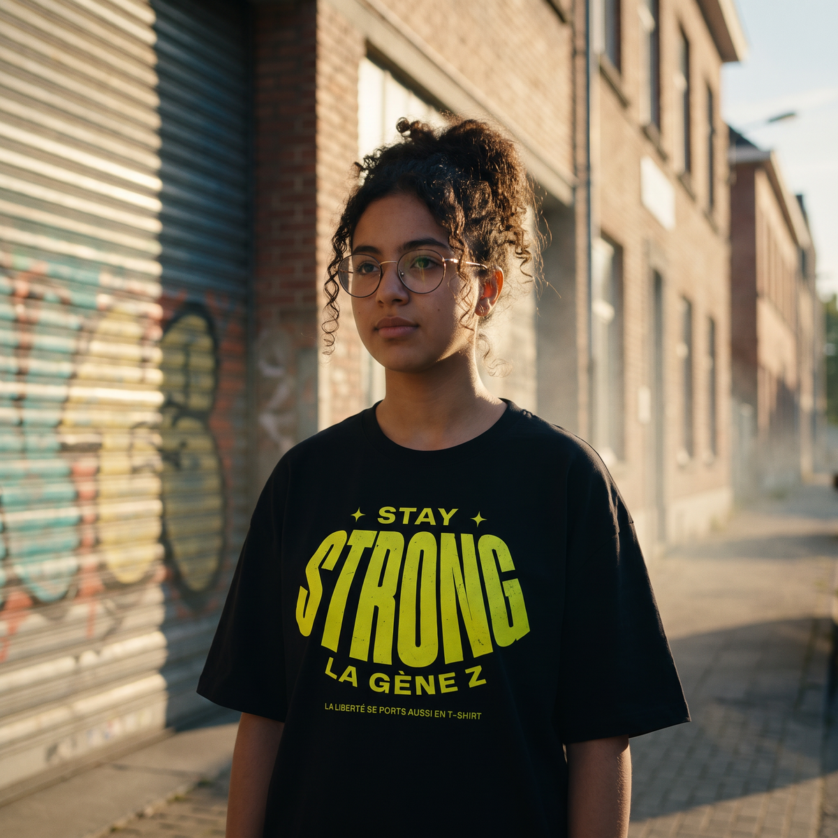 Lycéenne en t-shirt oversized Gen Z noir « Stay Strong la Gène Z » dans une rue industrielle d'Anvers – tshirt genz pas cher CHT'M