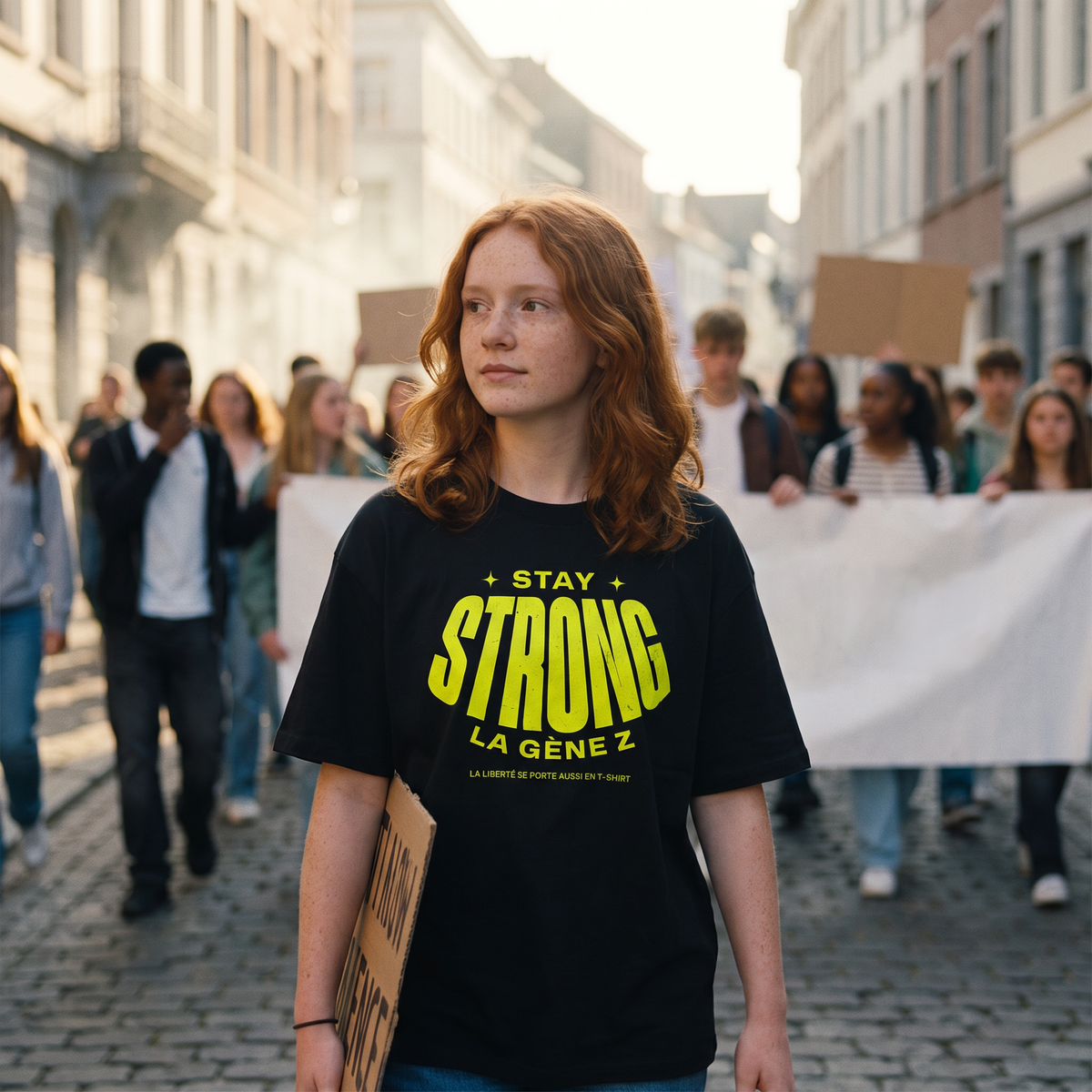 Lycéenne en t-shirt oversized Gen Z noir « Stay Strong la Gène Z » dans une marche pacifique de lycéens – t-shirt manif pas cher CHT'M