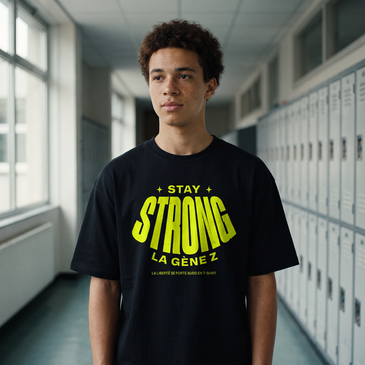 Lycéen portant le t-shirt oversized Gen Z noir « Stay Strong la Gène Z » dans un couloir de lycée – t-shirt manif pas cher CHT'M