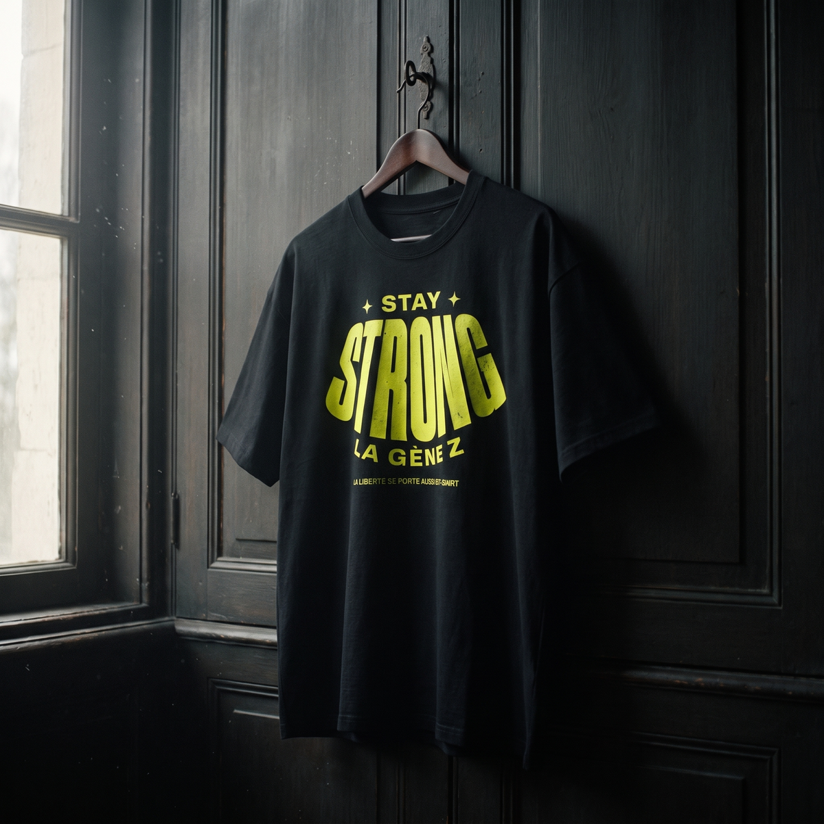 T-shirt oversized Gen Z noir « Stay Strong la Gène Z » jaune fluo sur cintre en bois – t-shirt manif original CHT'M