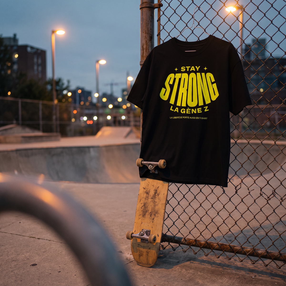 T-shirt oversized Gen Z noir « Stay Strong la Gène Z » accroché au grillage d'un skatepark au crépuscule – tshirt genz pas cher CHT'M