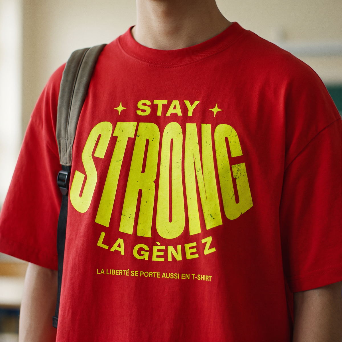 Gros plan du print jaune fluo « Stay Strong la Gène Z » sur le t-shirt oversized rouge porté – CHT'M Boutique