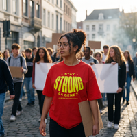 Lycéenne en t-shirt oversized Gen Z rouge « Stay Strong la Gène Z » dans une marche pacifique de lycéens – t-shirt manif pas cher CHT'M