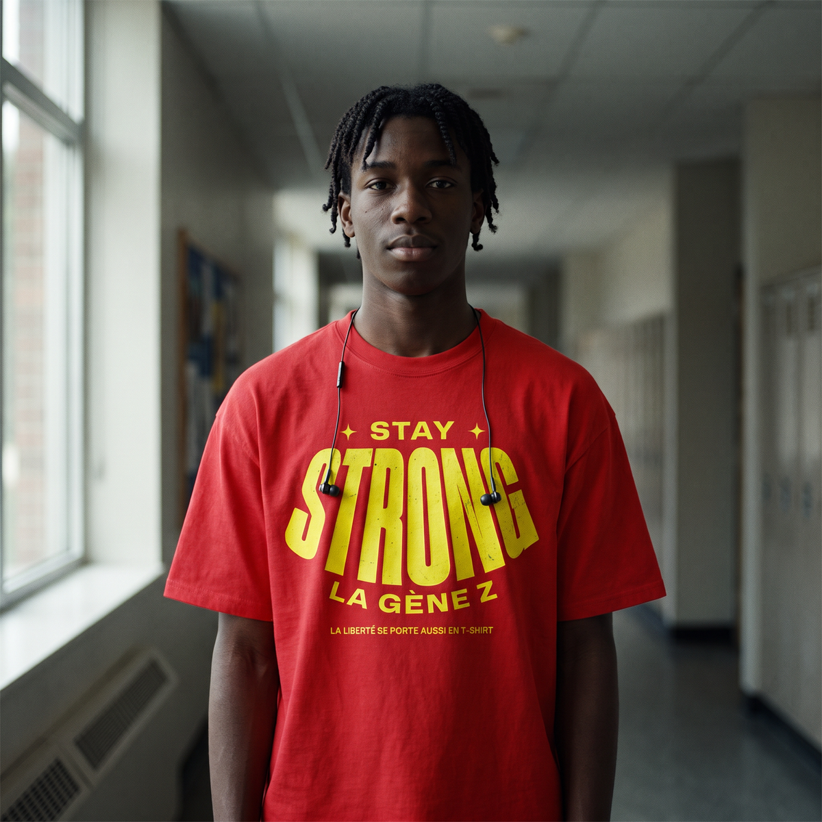 Lycéen portant le t-shirt oversized Gen Z rouge « Stay Strong la Gène Z » dans un couloir de lycée – t-shirt manif pas cher CHT'M