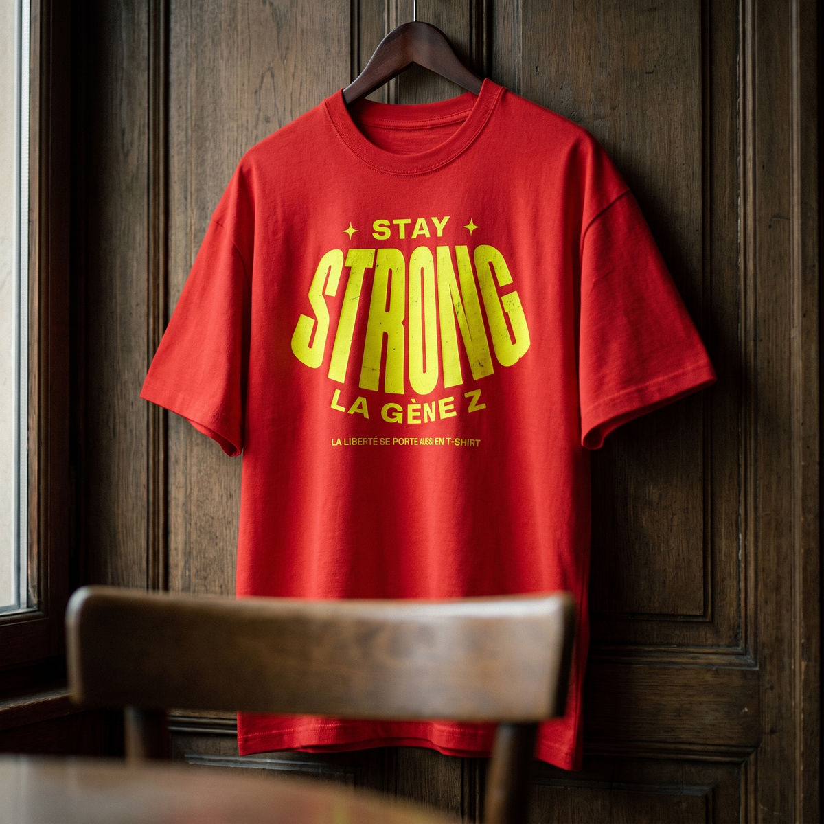 Gros plan du t-shirt oversized Gen Z rouge « Stay Strong la Gène Z » sur cintre – CHT'M Boutique