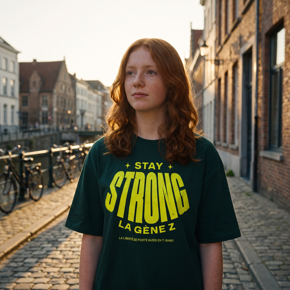 Lycéenne en t-shirt oversized Gen Z vert bouteille « Stay Strong la Gène Z » au bord d'un canal à Gand – tshirt genz pas cher CHT'M