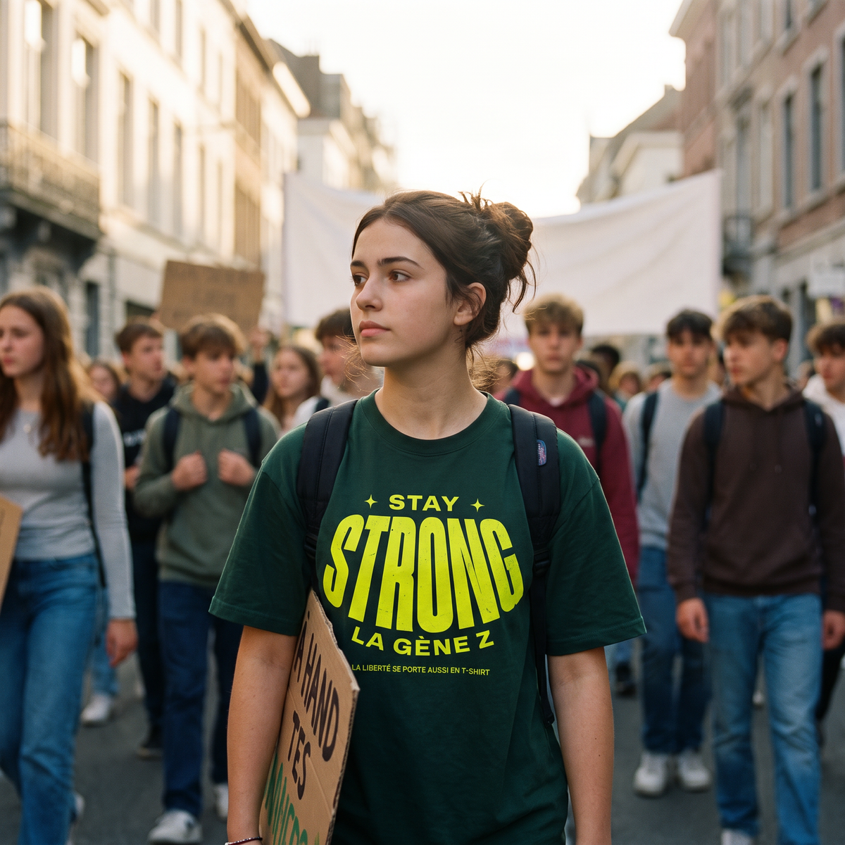 Lycéenne en t-shirt oversized Gen Z vert bouteille « Stay Strong la Gène Z » dans une marche pacifique de lycéens – t-shirt manif pas cher CHT'M