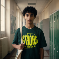 Lycéen portant le t-shirt oversized Gen Z vert bouteille « Stay Strong la Gène Z » dans un couloir de lycée – t-shirt manif pas cher CHT'M