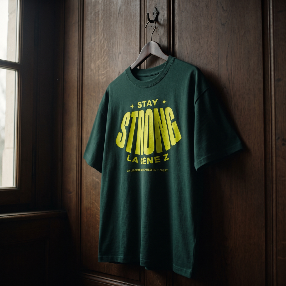 T-shirt oversized Gen Z vert bouteille « Stay Strong la Gène Z » jaune fluo sur cintre en bois – t-shirt manif original CHT'M