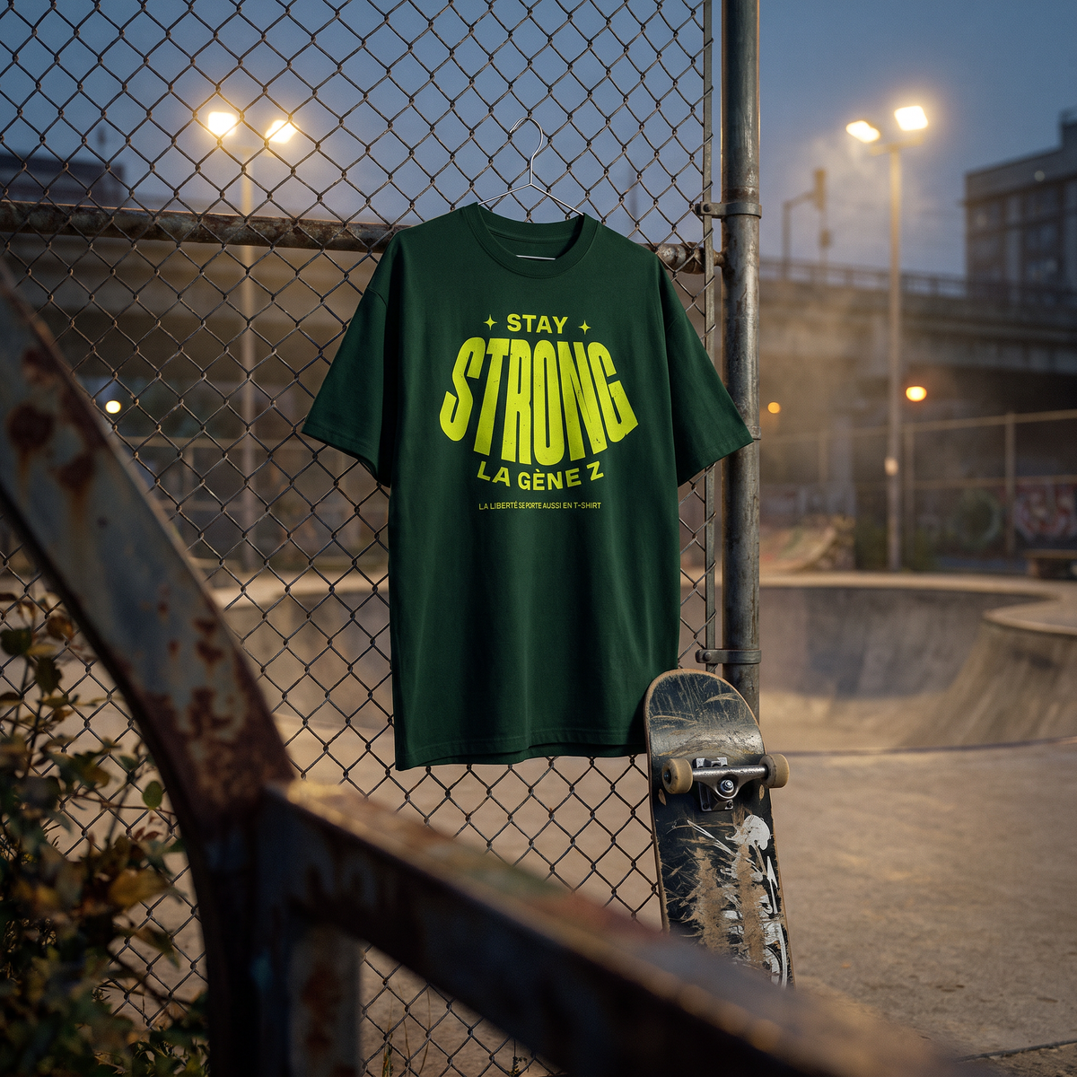 T-shirt oversized Gen Z vert bouteille « Stay Strong la Gène Z » accroché au grillage d'un skatepark au crépuscule – tshirt genz pas cher CHT'M