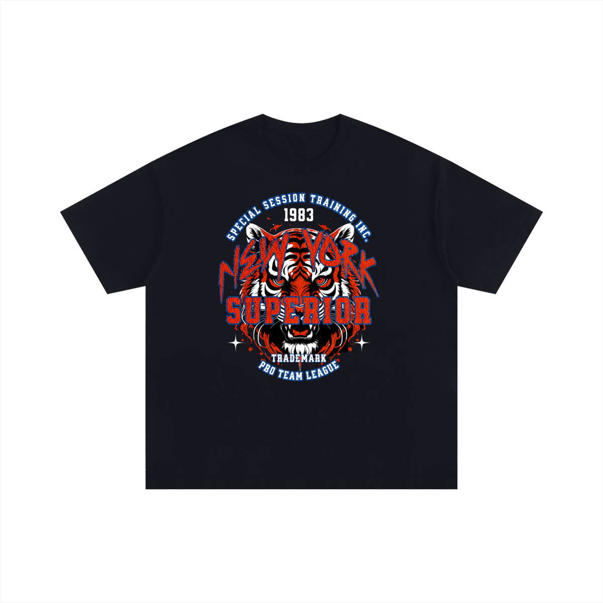 T-shirt oversized musculation New York Superior noir, tete de tigre rouge et bleue style varsity