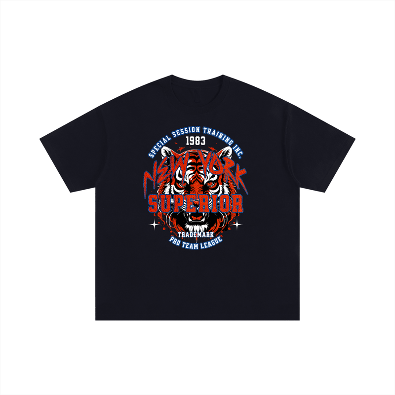 T-shirt oversized musculation New York Superior noir, tete de tigre rouge et bleue style varsity