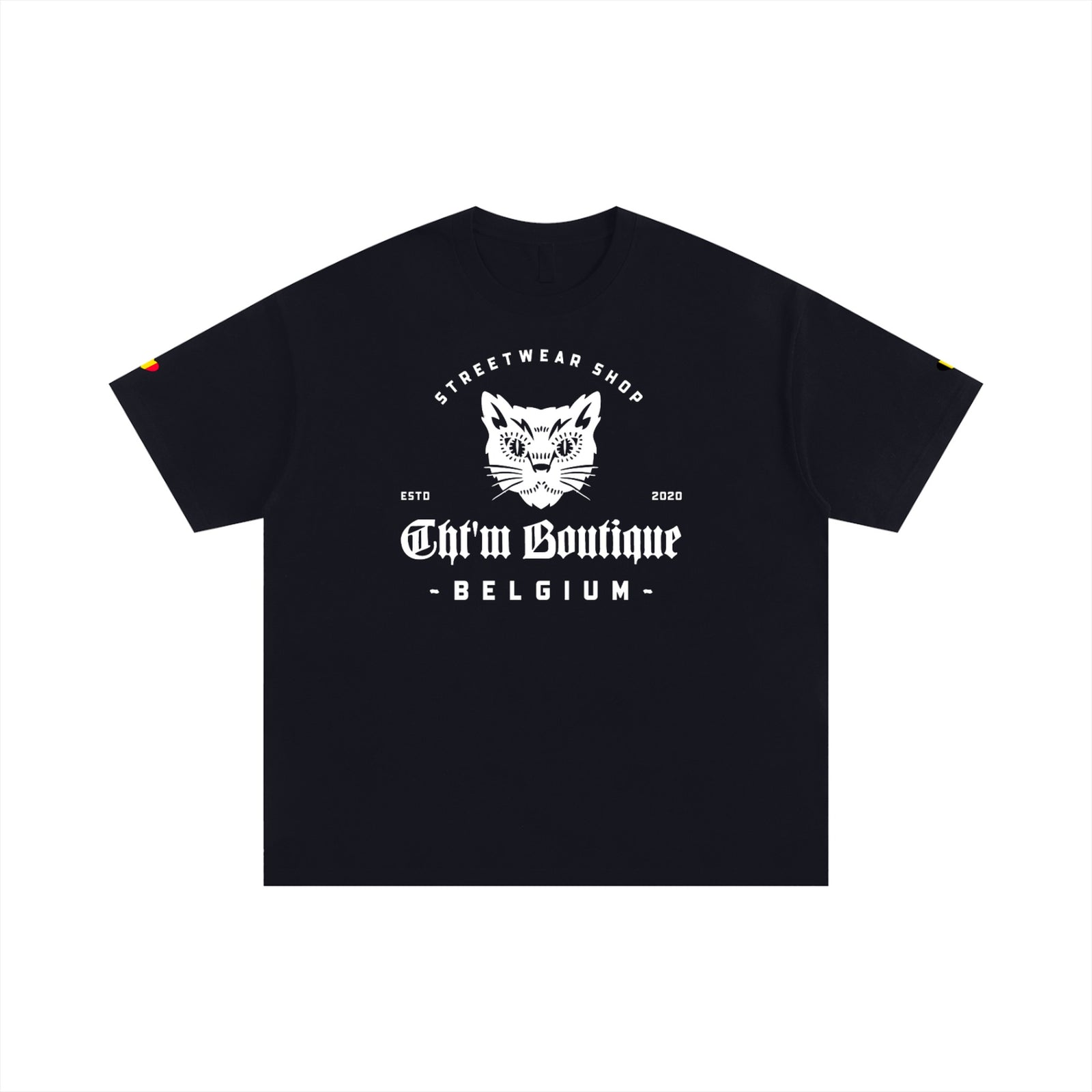 T-shirt oversized original CHT'M noir, logo chat streetwear belge, vue de face