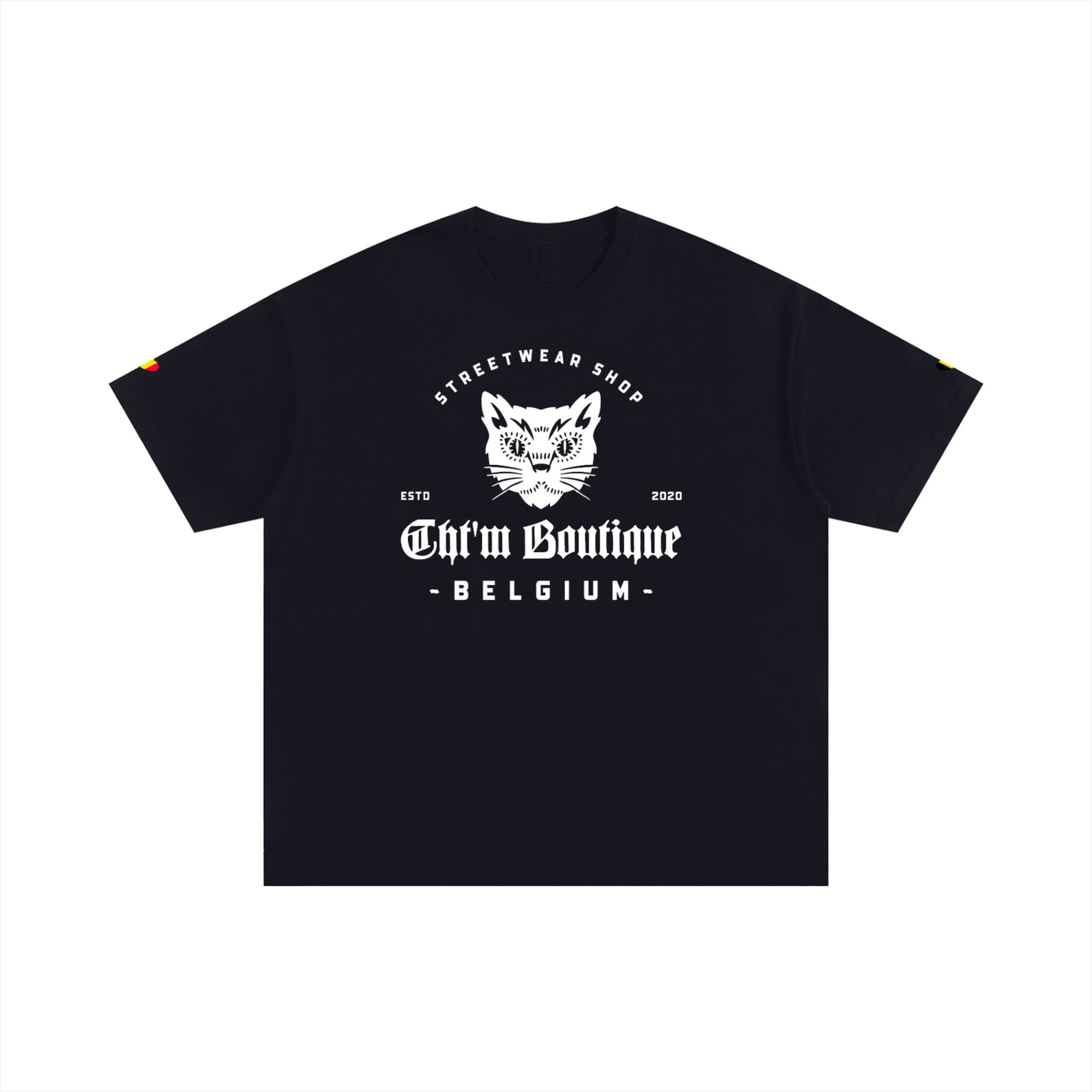 T-shirt oversized original CHT'M noir, logo chat streetwear belge, vue de face