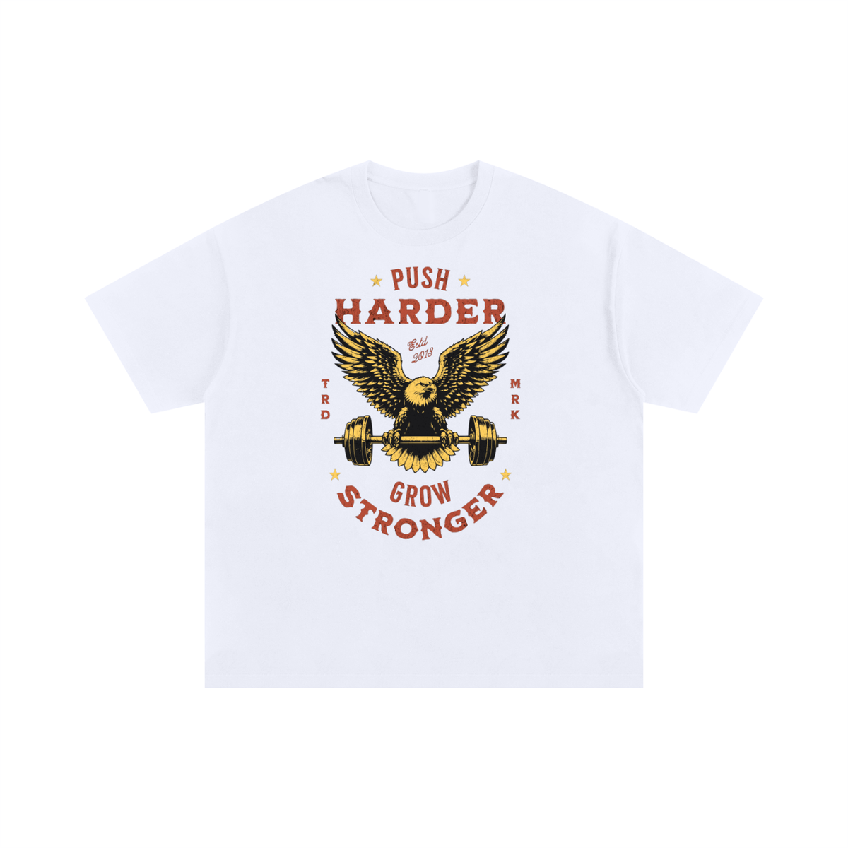 T-shirt oversized musculation Push Harder Grow Stronger blanc, aigle vintage et haltere en serigraphie doree