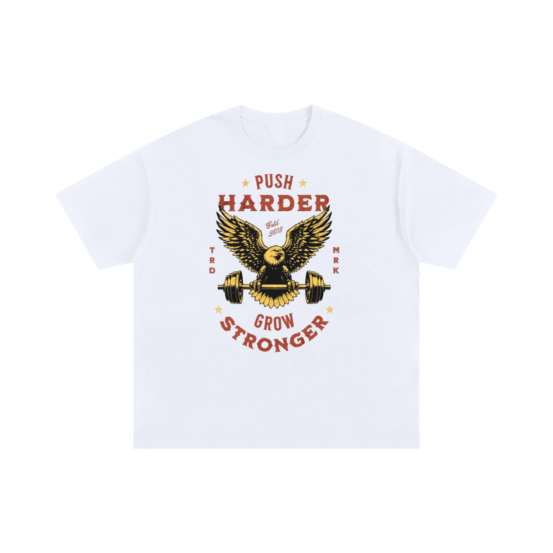 T-shirt oversized musculation Push Harder Grow Stronger blanc, aigle vintage et haltere en serigraphie doree