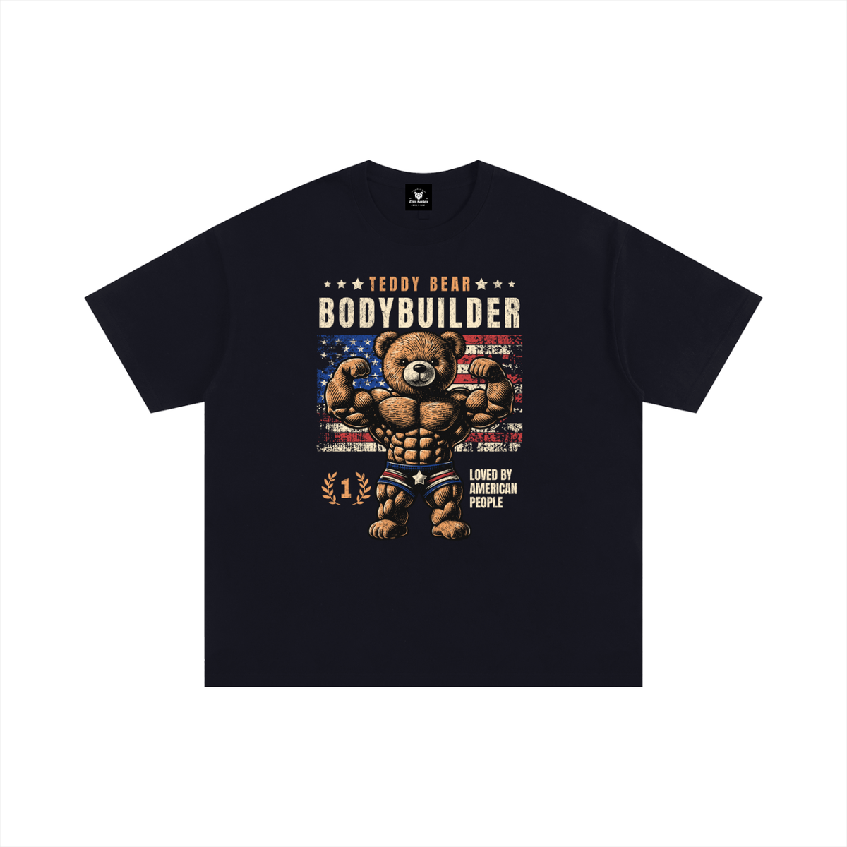 T-shirt oversized musculation Teddy Bear Bodybuilder noir, vue de face avec l'ourson musclé et le drapeau américain