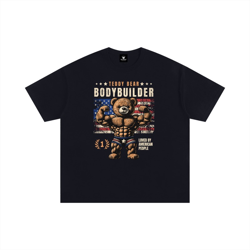 T-shirt oversized musculation Teddy Bear Bodybuilder noir, vue de face avec l'ourson musclé et le drapeau américain