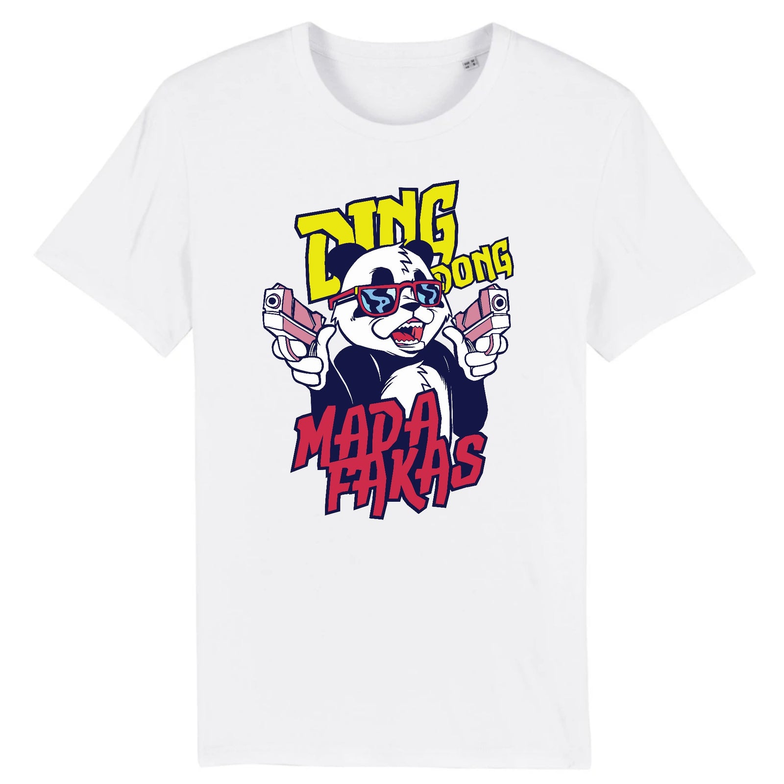 T-shirt panda original blanc en coton bio, imprimé street art Ding Dong Mada Fakas