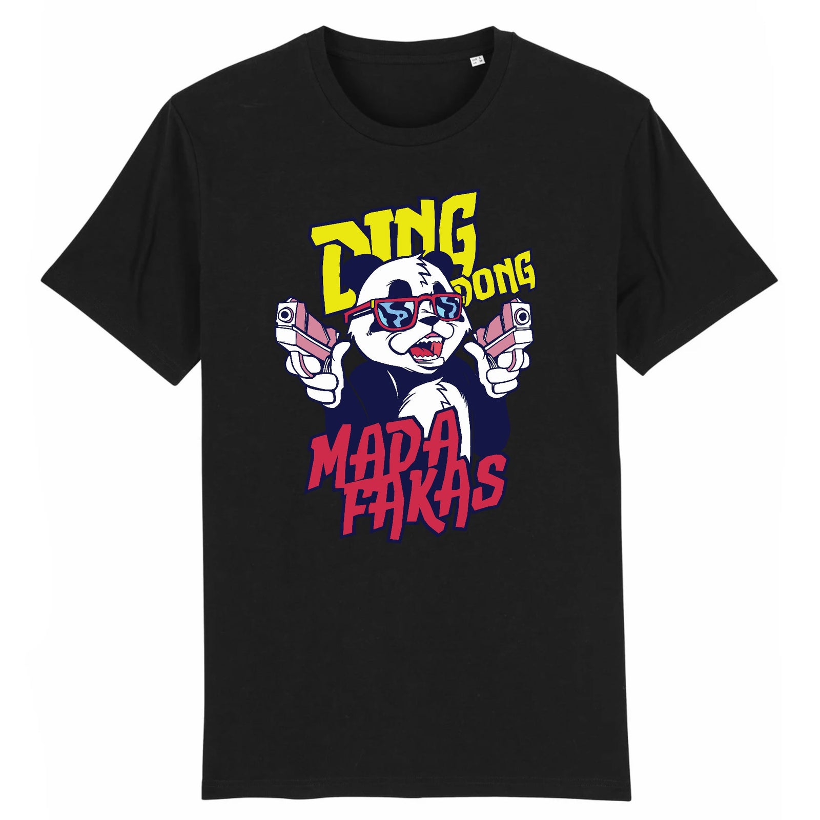 T-shirt panda original noir Ding Dong Mada Fakas, panda gangster à lunettes rouges