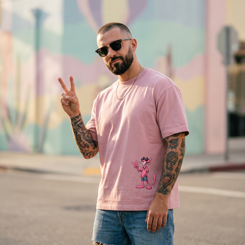 T-shirt oversized rose porté par un homme, imprimé panthère rose cartoon lunettes de soleil signe de paix, ambiance urbaine pastel