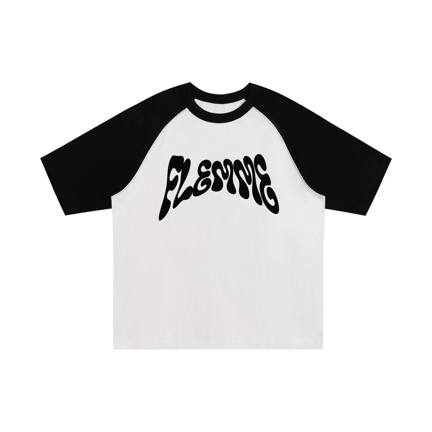 T-shirt raglan blanc et noir vu de face, imprimé FLEMME en typo psychédélique