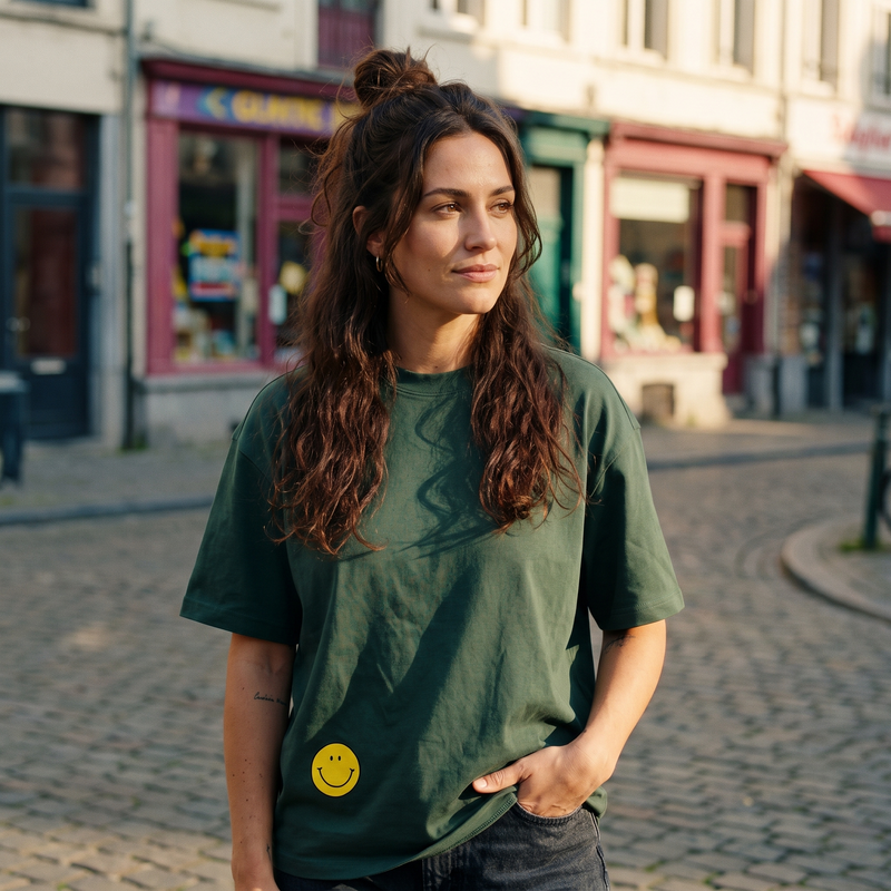 T-shirt oversized vert sapin porté par une femme dans une rue pavée de Bruxelles, petit smiley jaune imprimé en bas à gauche