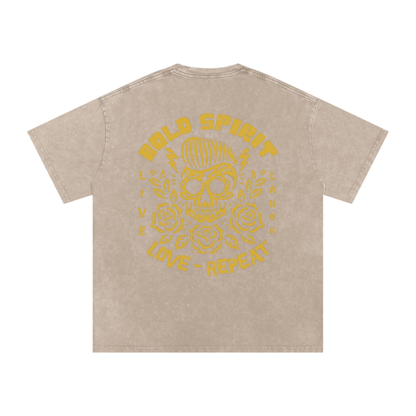 T-shirt tête de mort beige sable, imprimé Bold Spirit jaune ocre au dos
