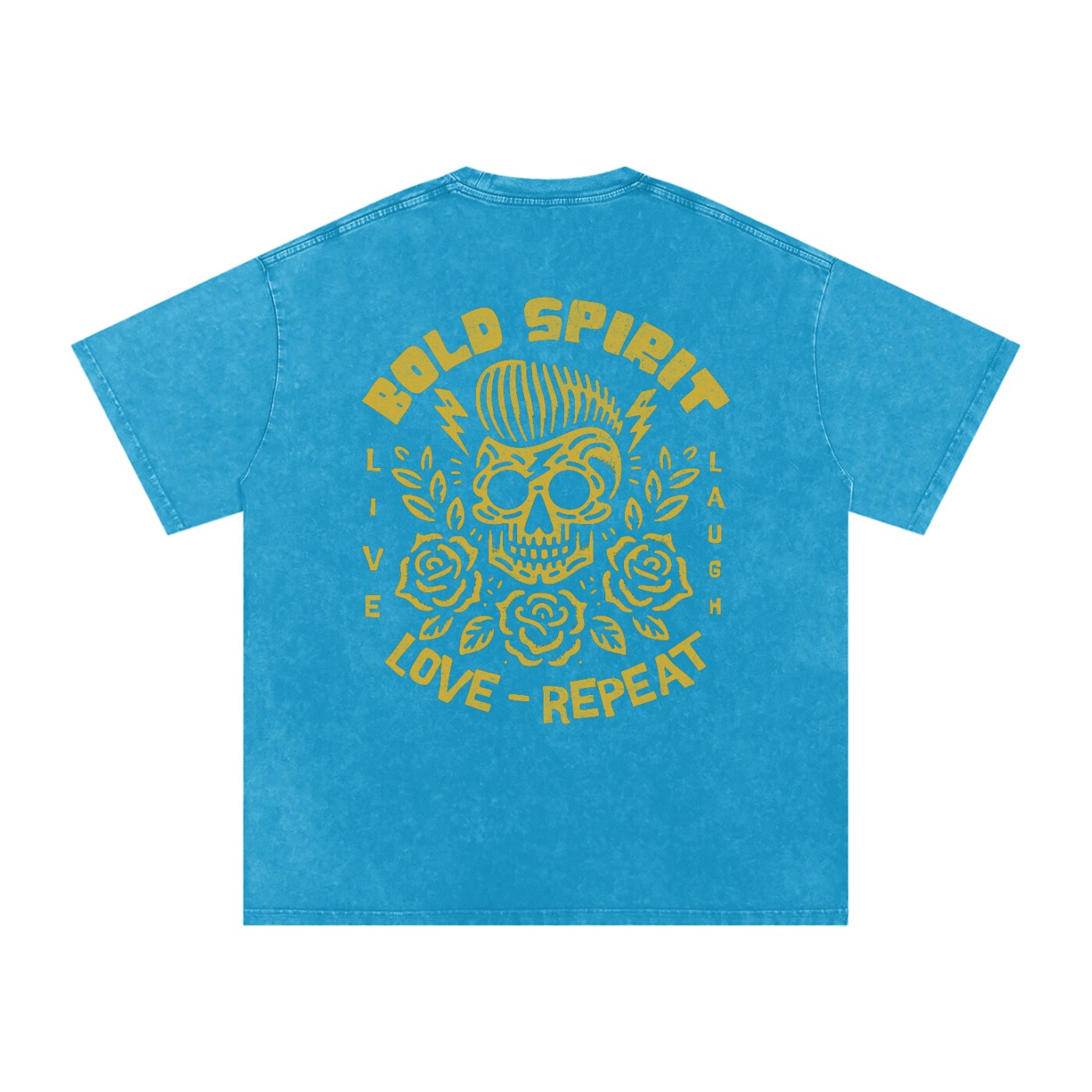 T-shirt tête de mort bleu lagon, imprimé Bold Spirit jaune ocre au dos