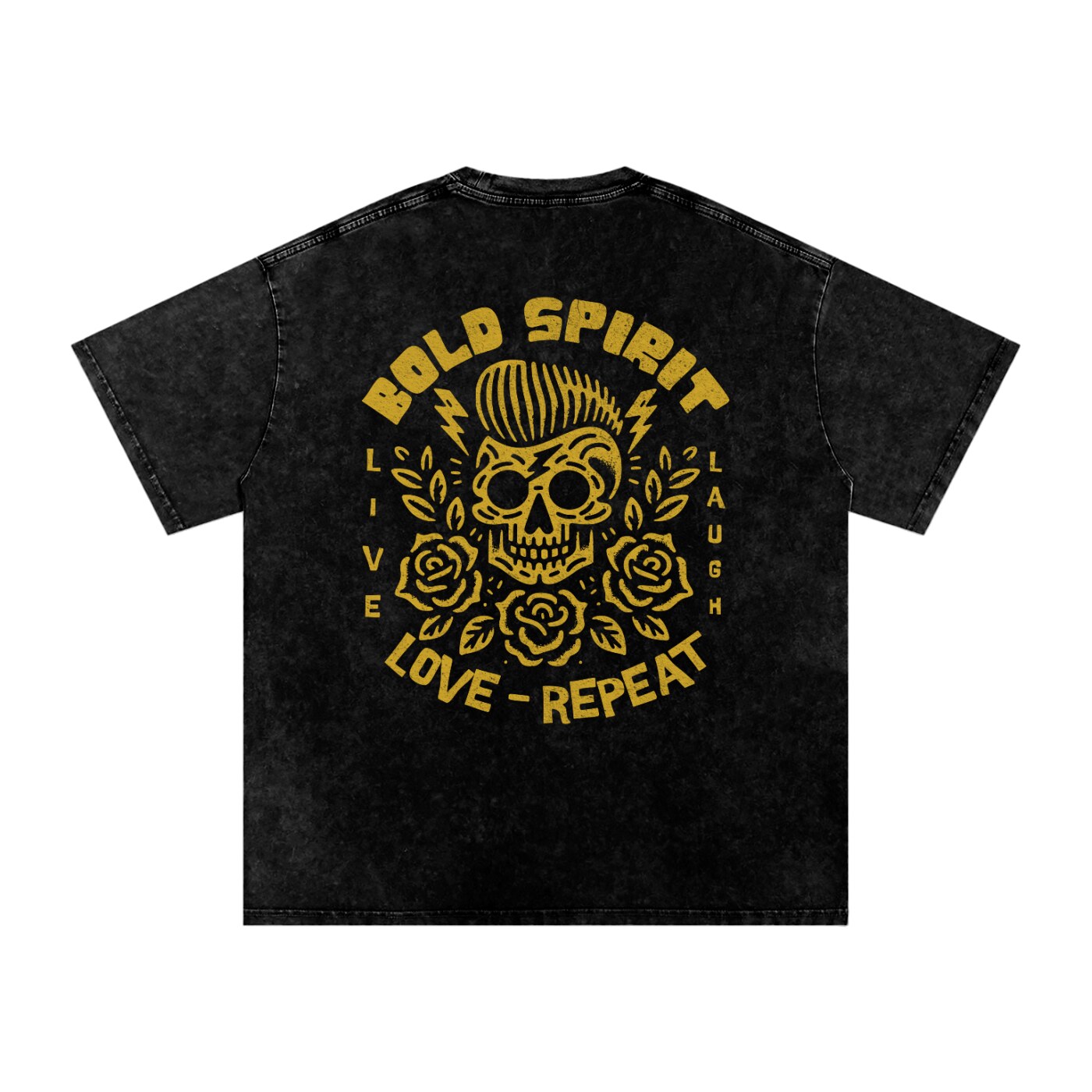 T-shirt tête de mort noir délavé, grand imprimé Bold Spirit jaune ocre dans le dos