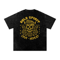 T-shirt tête de mort noir délavé, grand imprimé Bold Spirit jaune ocre dans le dos