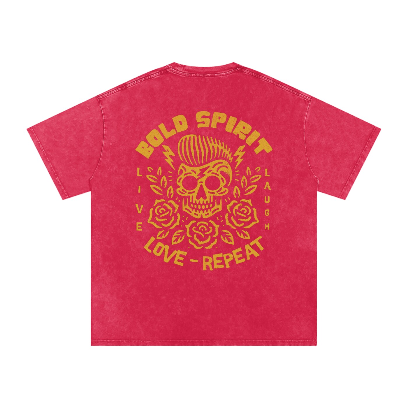 T-shirt tête de mort rouge framboise, imprimé Bold Spirit ocre dans le dos