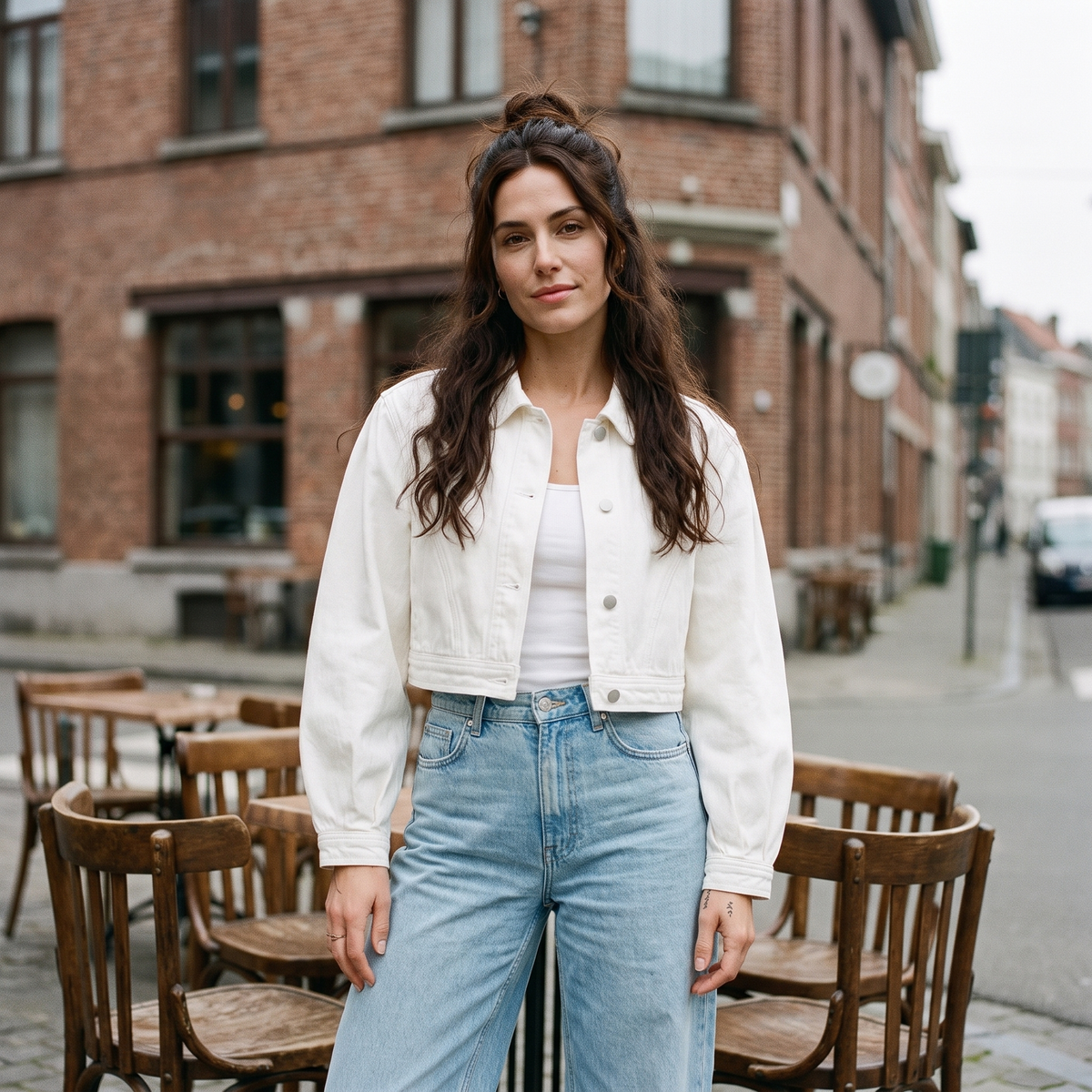 Veste en jean courte femme originale blanc — look streetwear porté en ville en Belgique, CHT'M Boutique