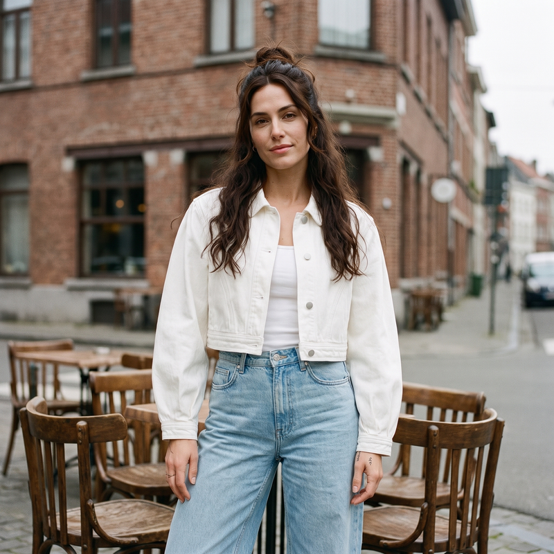 Veste en jean courte femme originale blanc — look streetwear porté en ville en Belgique, CHT'M Boutique