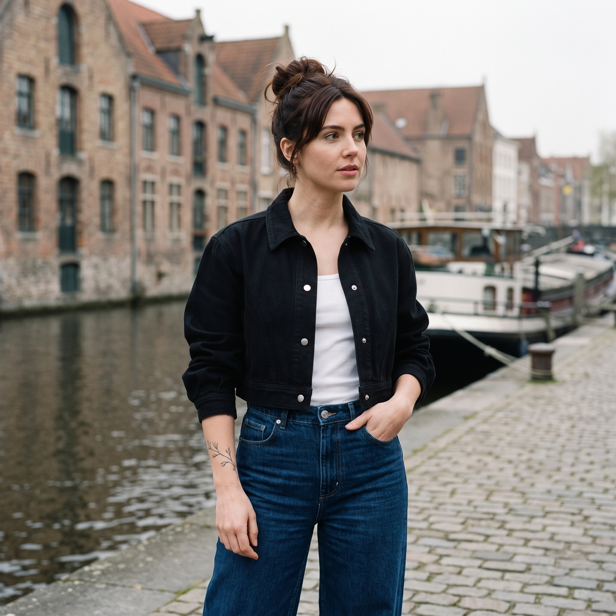 Veste en jean courte femme originale noir — look streetwear porté en ville en Belgique, CHT'M Boutique