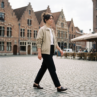 Femme portant la veste Harrington à carreaux beige sur une grand-place belge