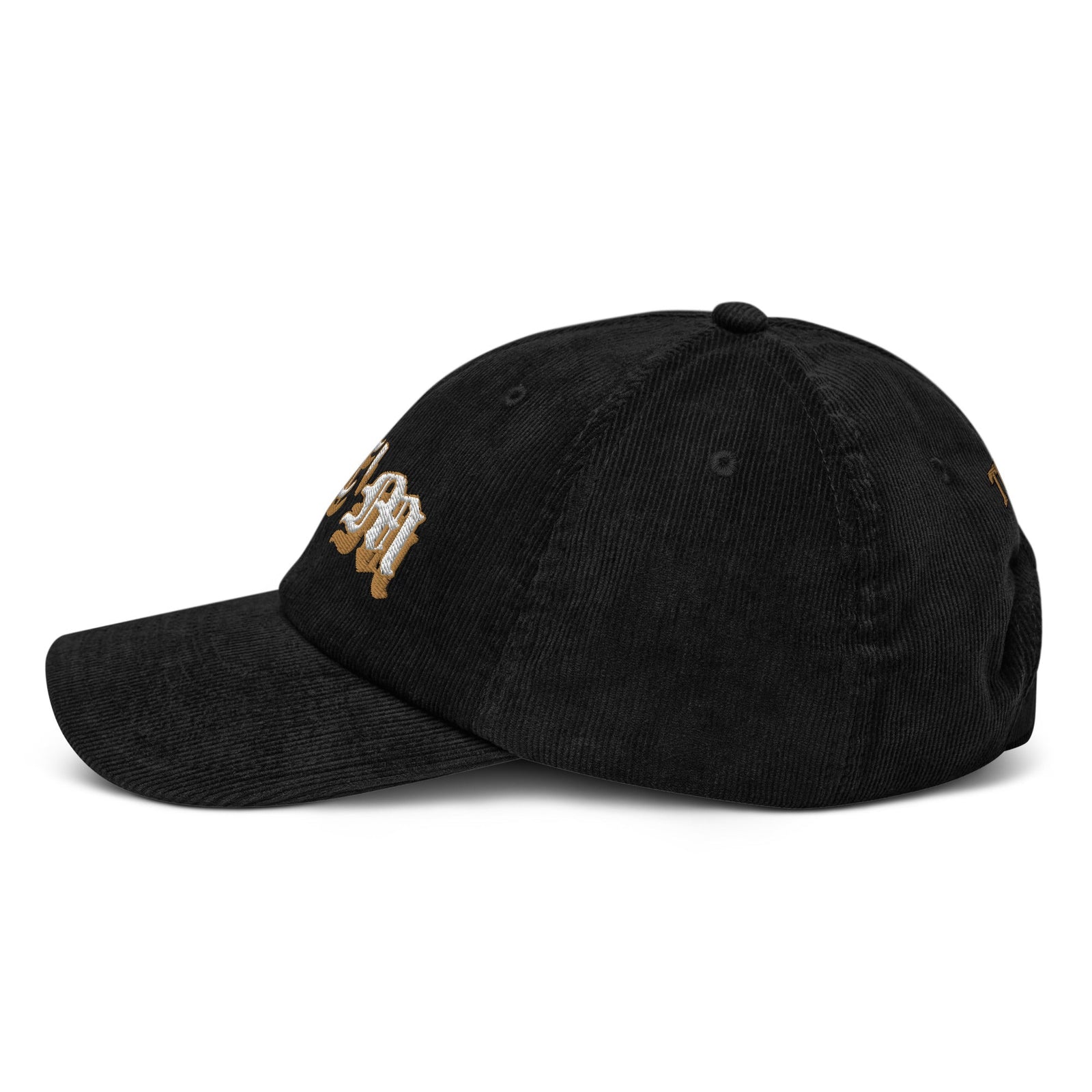 Casquette CHT'M gothique or en velours côtelé noire, profil gauche