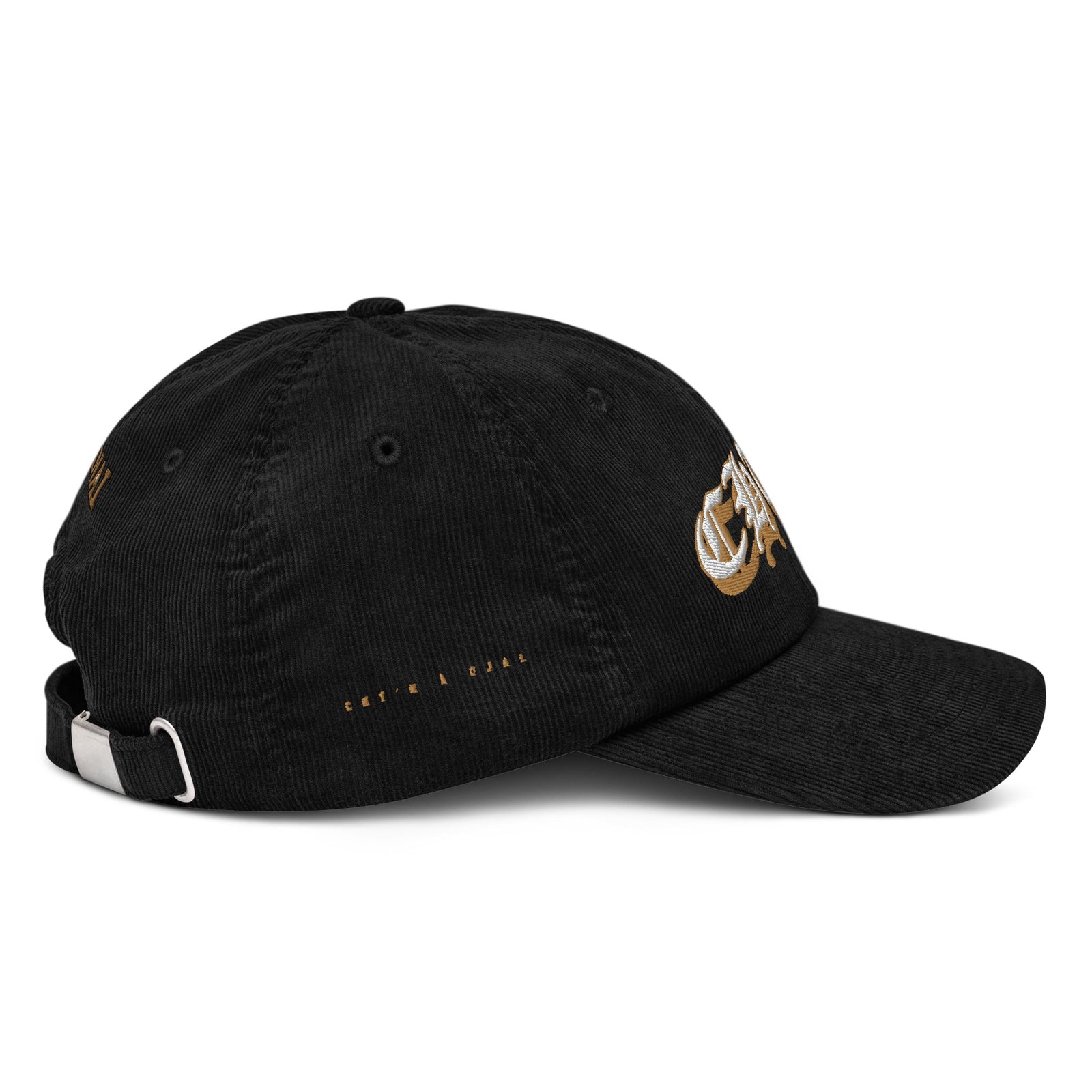 Casquette CHT'M gothique or en velours côtelé noire, profil droit