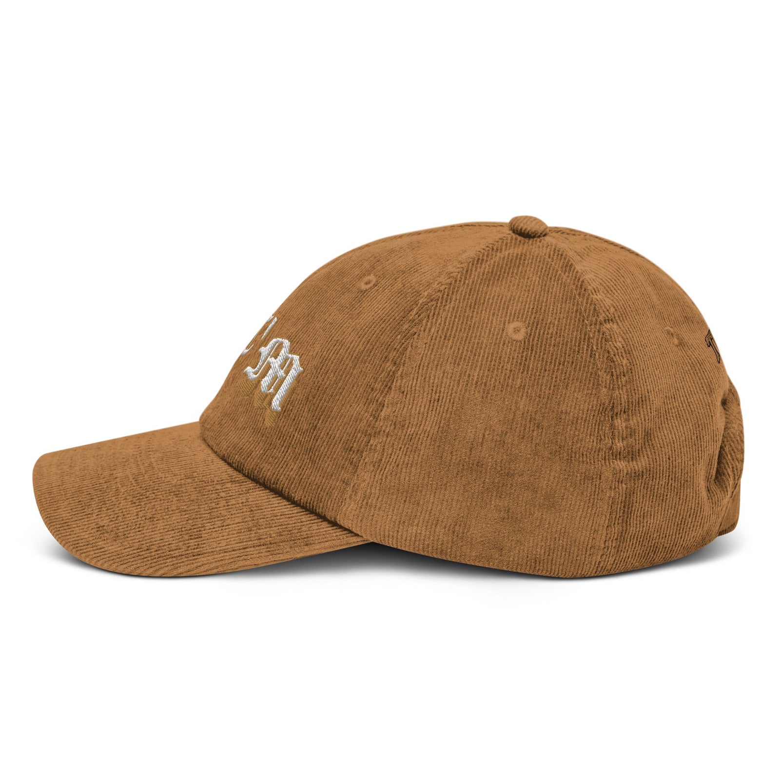 Casquette CHT'M gothique or en velours côtelé camel, profil gauche