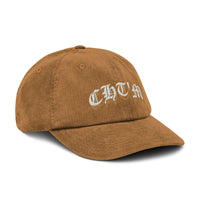 Casquette CHT'M gothique or en velours côtelé camel, trois quarts avant droit