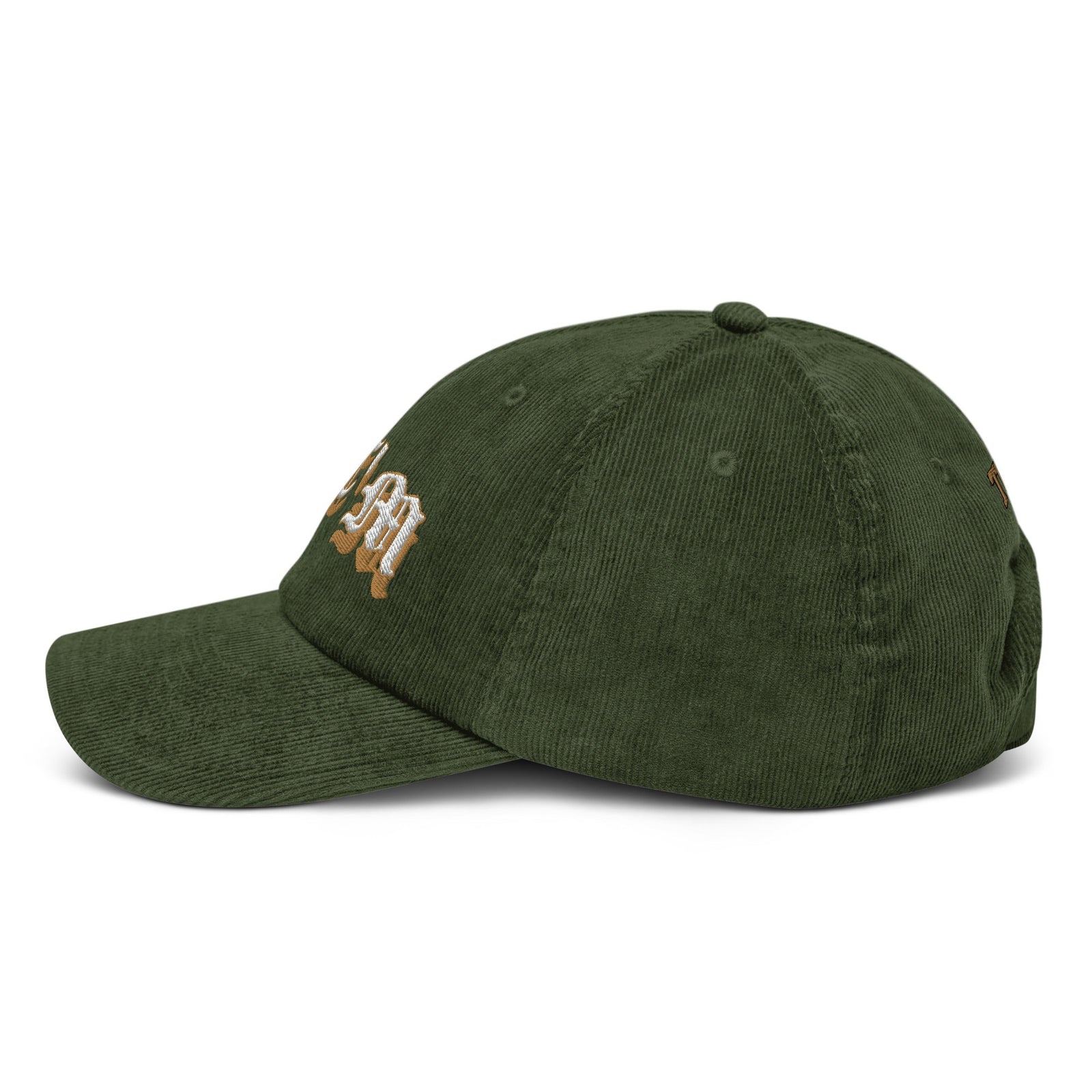 Casquette CHT'M gothique or en velours côtelé vert olive, profil gauche