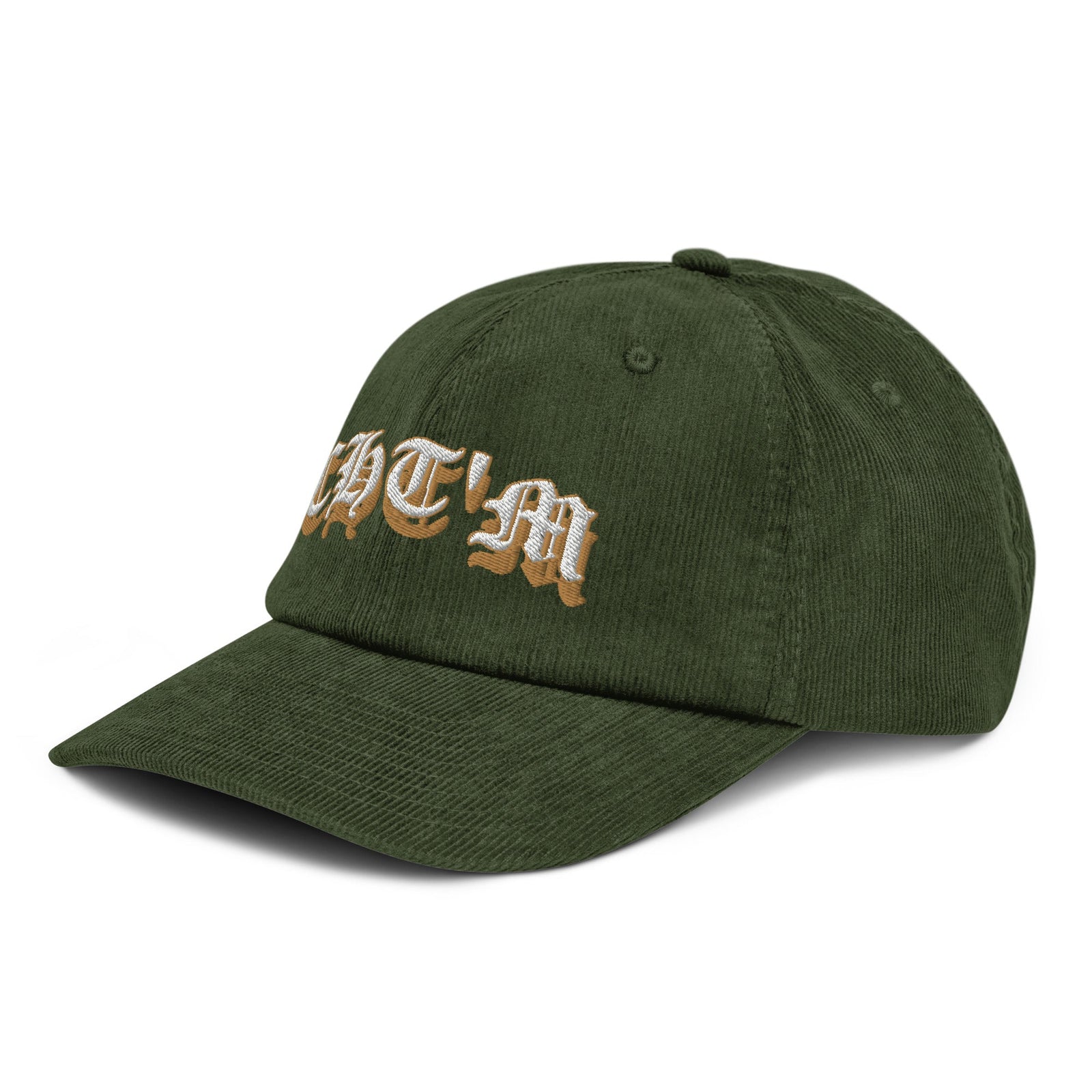 Casquette CHT'M gothique or en velours côtelé vert olive, trois quarts avant gauche