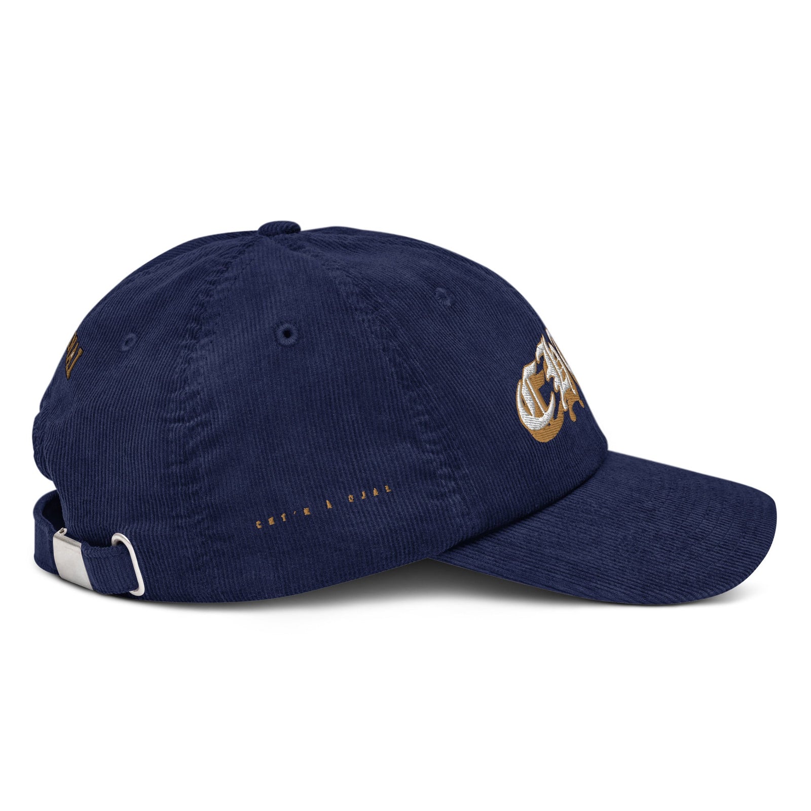 Casquette CHT'M gothique or en velours côtelé bleu marine, profil droit